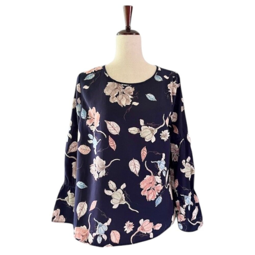 Anthropologie Skies are Blue Navy Boho Peasant Floral Print Bell Sleeves Top Sm
